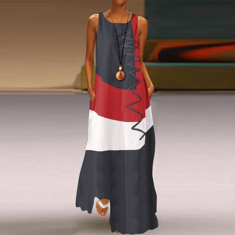 Colorblock Striped Oversized Patchwork Kafta Sleeveless/Long Sleeve Maxi Dress