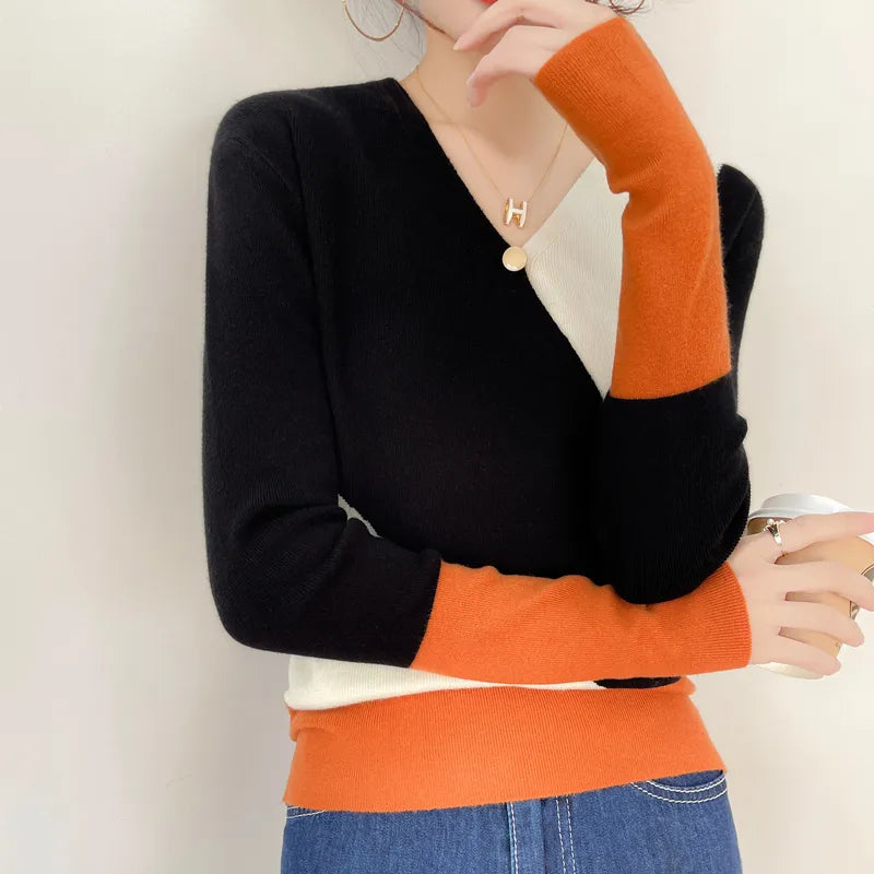 Cashmere Patchwork Colorblock Women's Pullover Knitted Sweater