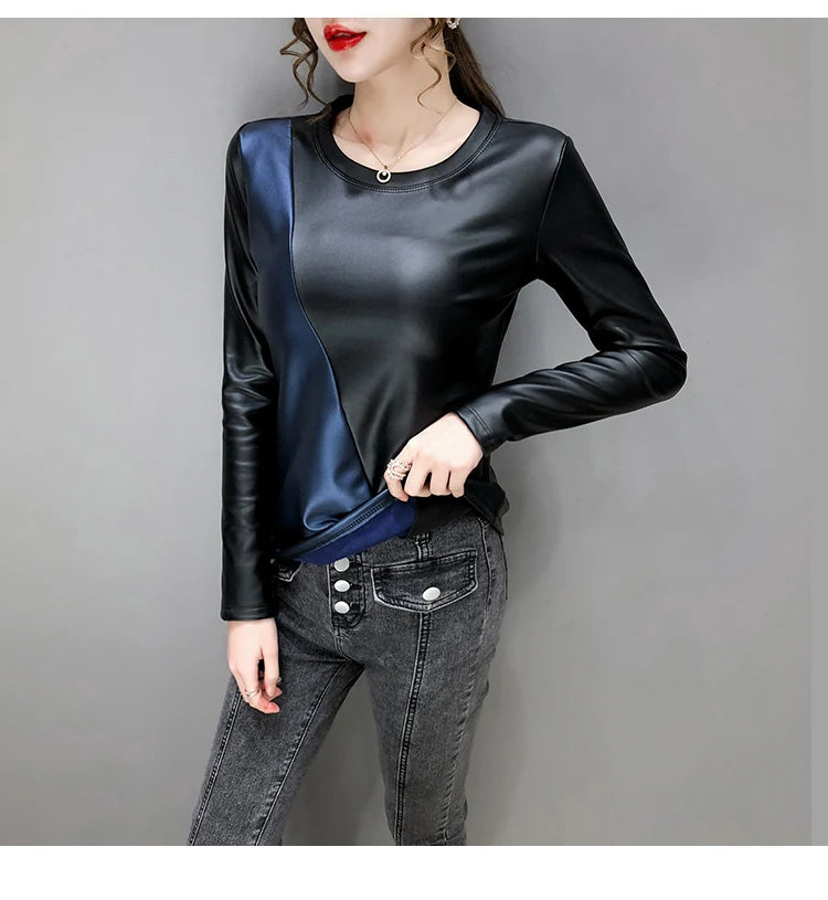 PU Leather O-Neck Colorblock/Solid Velvet Lined Long Sleeve Patchwork Elastic Women's Shirt to 4X Plus Size