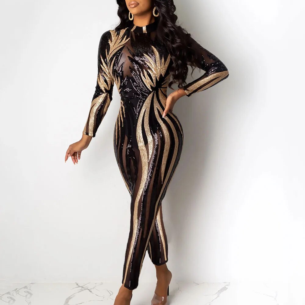 Colorblock Metallic Long Sleeve Black/Gold Sequin Bodycon Jumpsuit