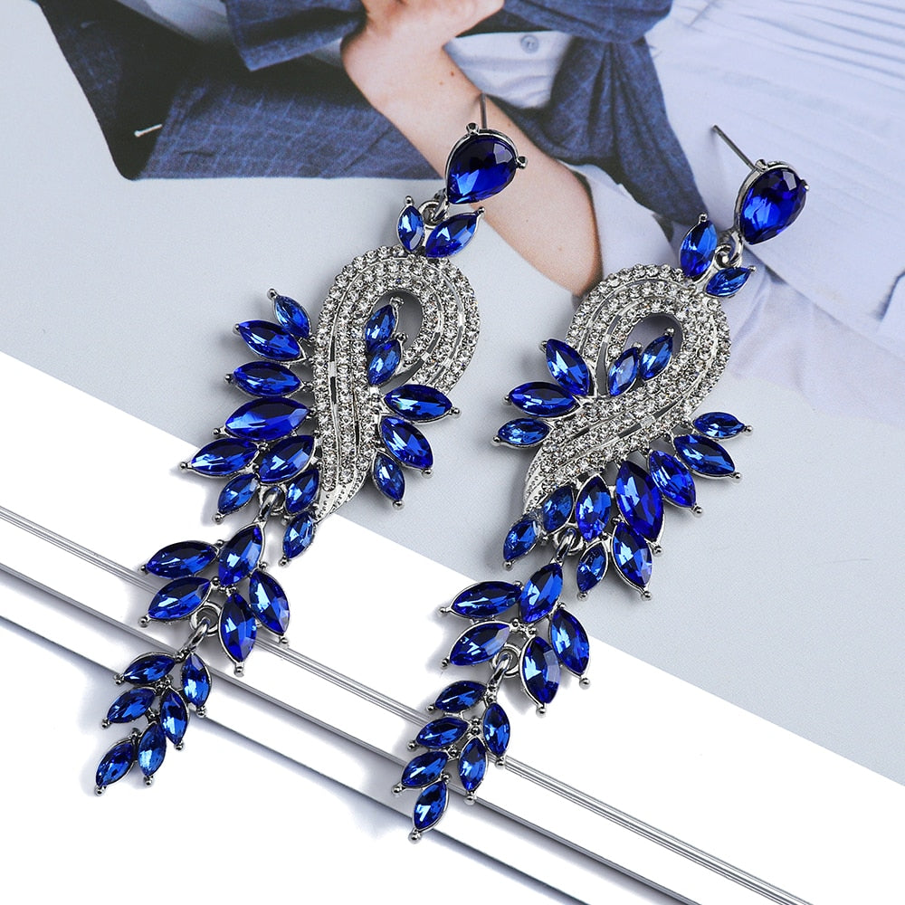 Metal Hollow Chain Leaves Crystal Pendant Earrings