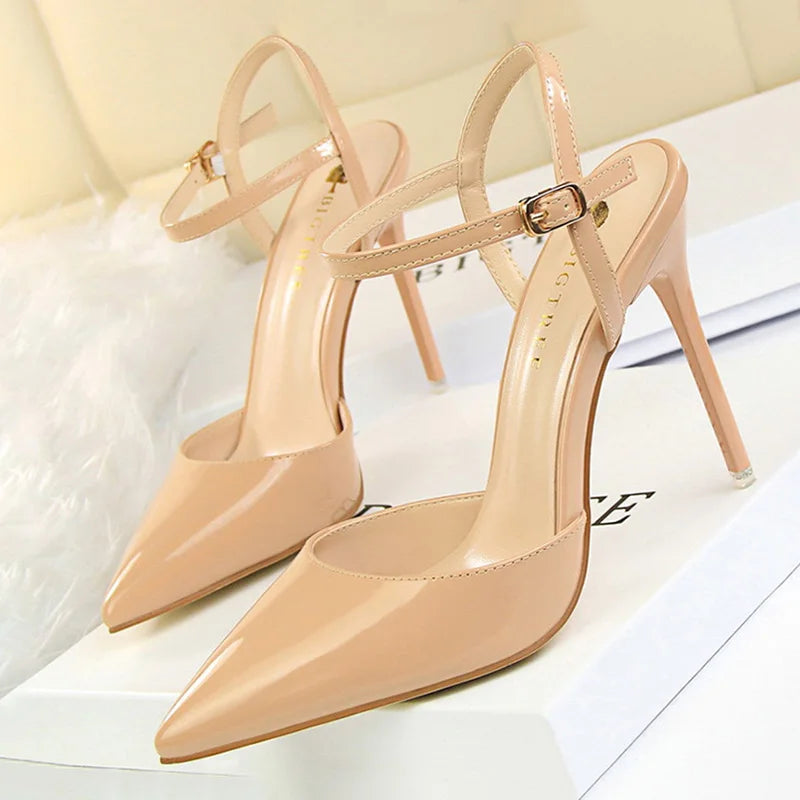 Patent Leather Stiletto Heel Buckle Strap Solid Color Sandal Pumps