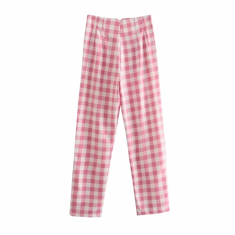 Pink Plaid Suit Cotton Long Pants