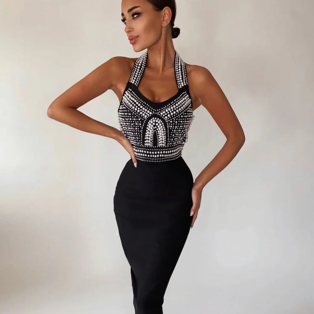 Sleeveless Pearl Beaded Formal Bandage Party Dress