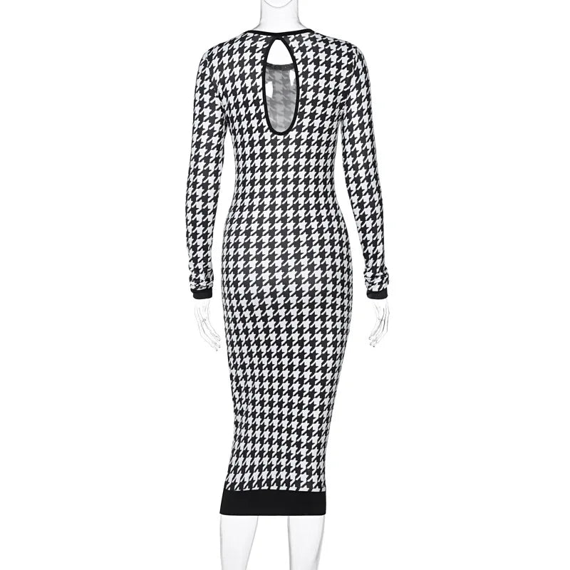 Black/White Houndstooth Print Long Sleeve Bodycon Streetwear Midi Dress