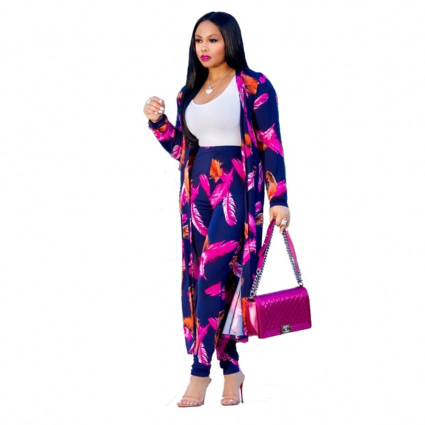 Tie Dye/Printed/Geometric Long Sleeve Maxi Jacket + Elastic Leggings Plus Size 2-Piece Set