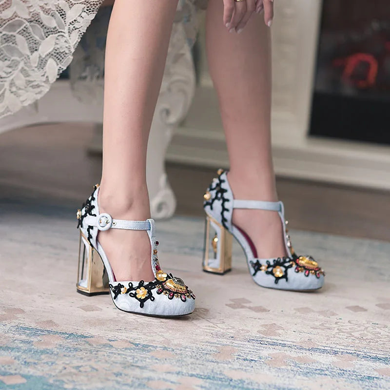 Jacquard Crystal T-Strip Rhinestone Embellished Transparent Square Heel Pumps