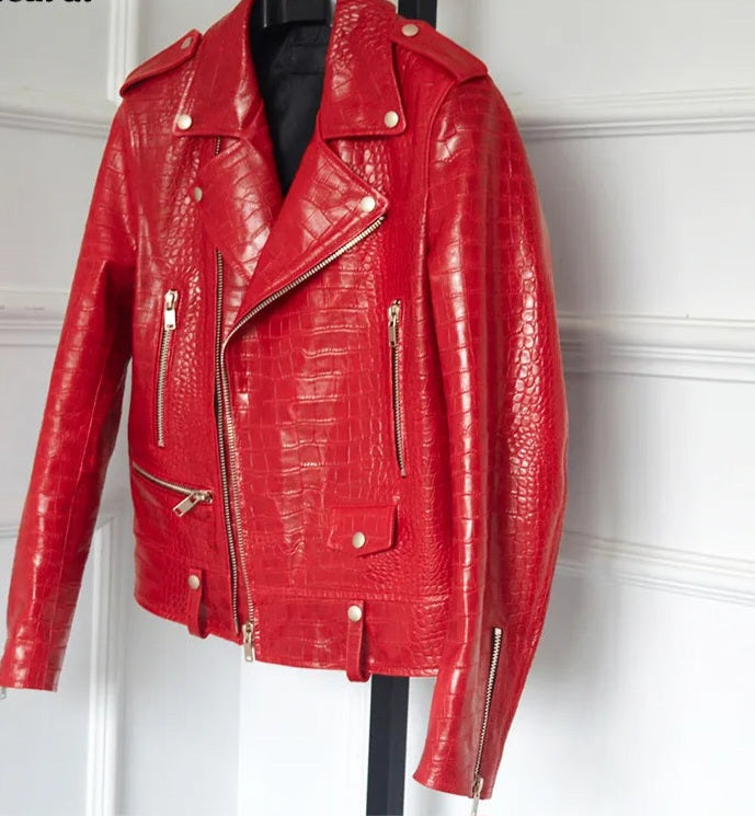 Crocodile Pattern Red Men's Faux Leather Zipper Biker Motorcycle Jacket