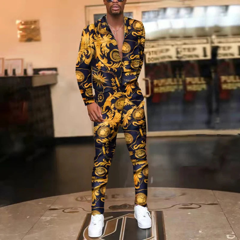 Men's Floral/Baroque Print Streetwear Long Sleeve Dress Shirt + Pants Matching 2-Piece Set to 3X Big & Tall