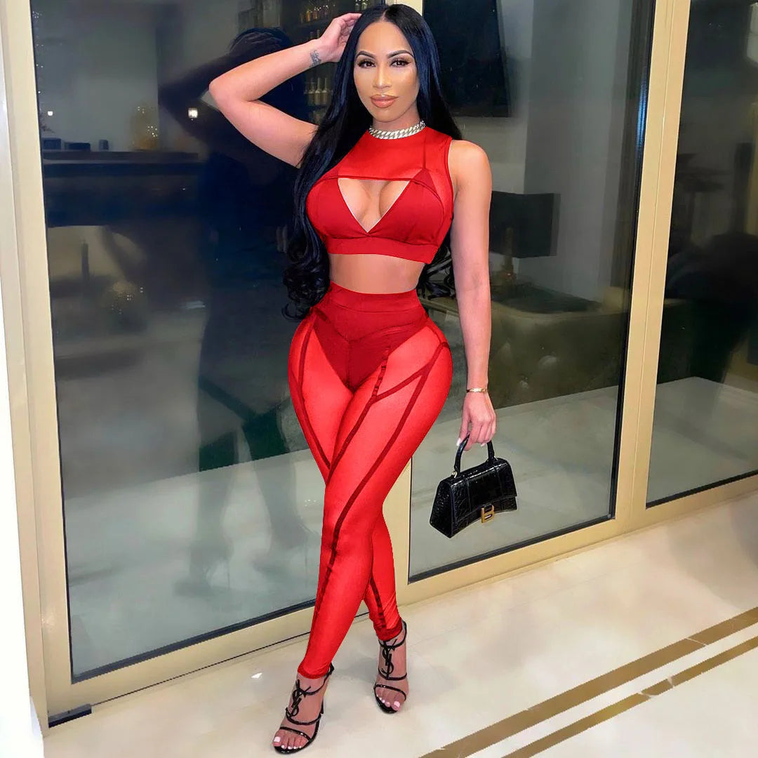 Sheer Mesh Solid Color Hollow-Out Patchwork Women's Sleeveless Crop Top + Transparent Leggings 2-Piece Set