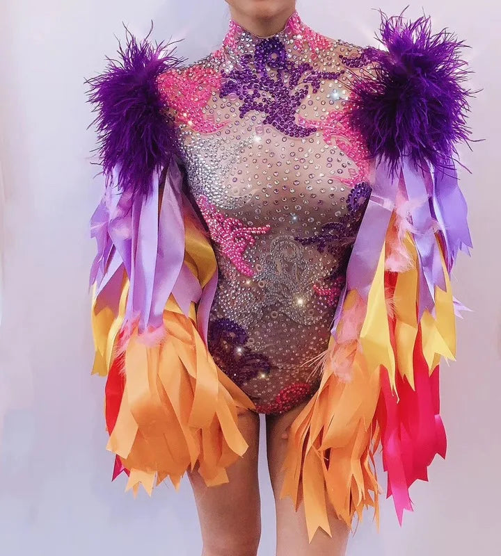 Feather Mardi Gras Colors Performance Bodysuit Costume