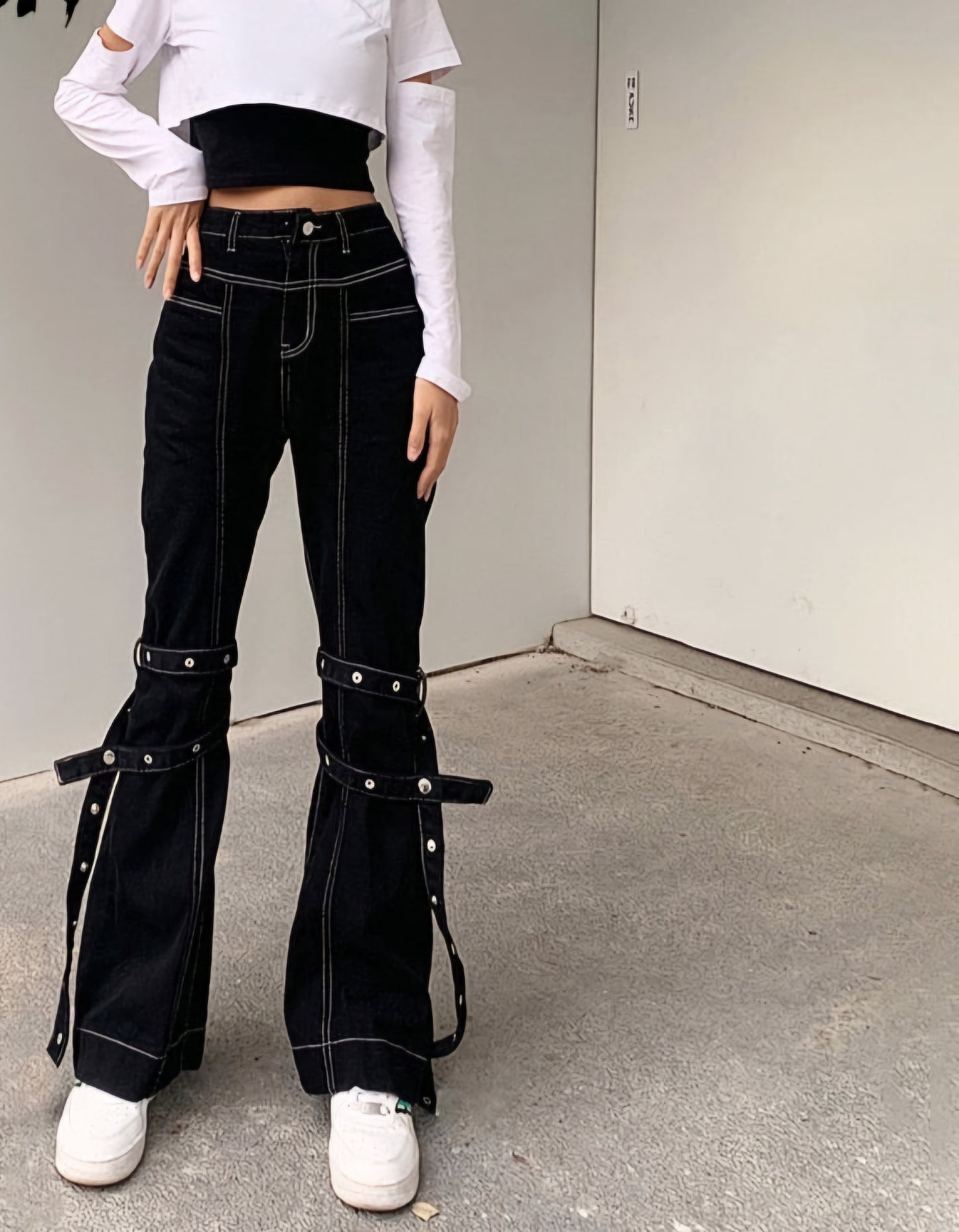 Streetwear Bandage Flare Leg Punk Aesthetics High Waist Denim Black Jeans