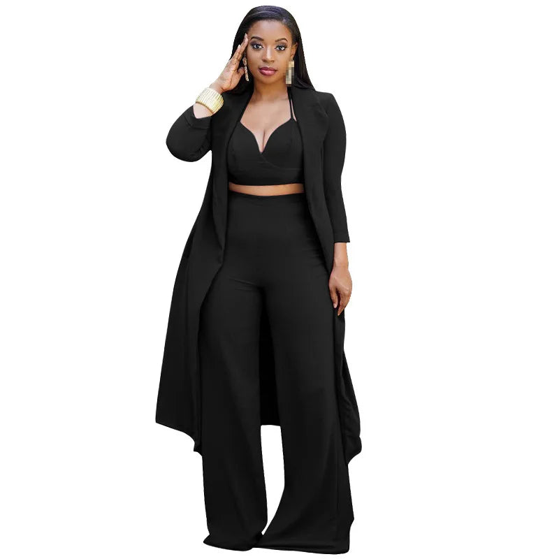 Maxi Blazer, Crop Halter Top + Wide Leg Pants 3-Piece Set