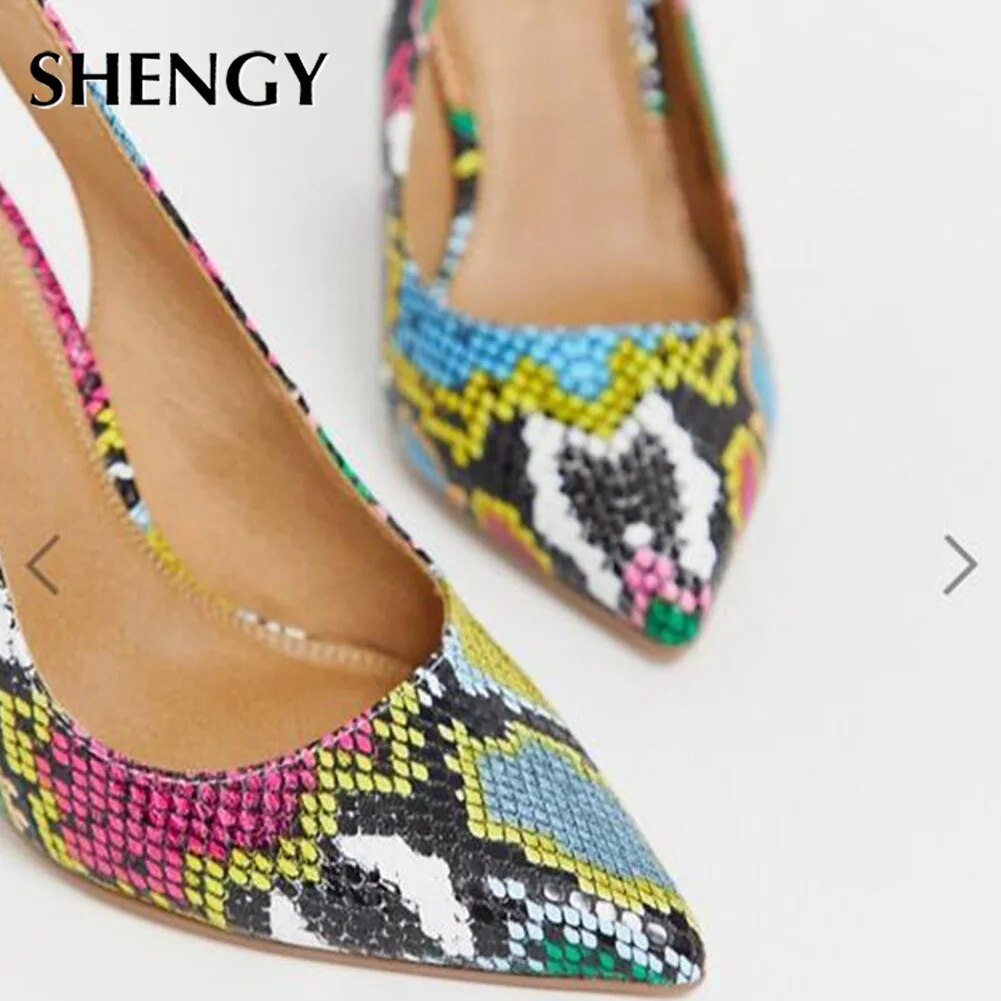 Rainbow Snake Print Slingback Mule Platform Sandal Pumps