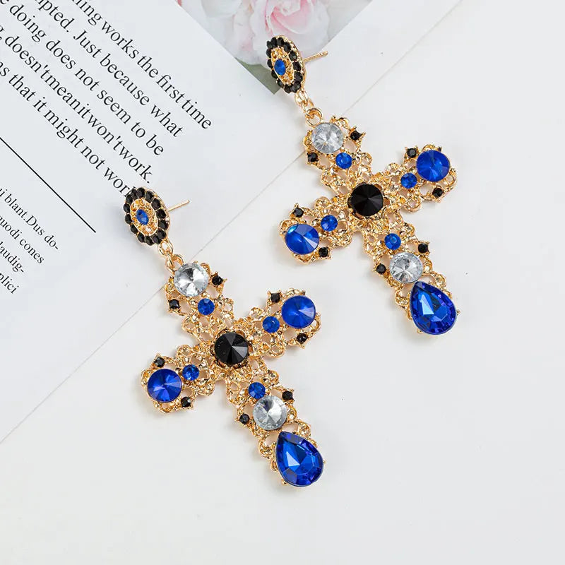 Vintage Crystal Cross Baroque Bohemian Oversized Drop Earrings