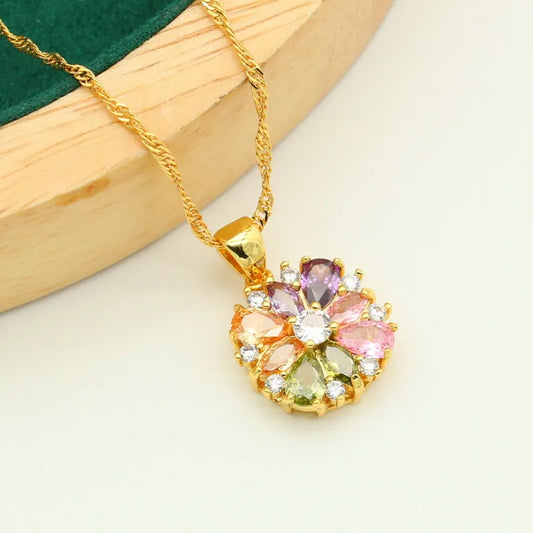 Flower Pendant Multicolor Zircon 4-Piece Jewelry Sets: Bracelet, Earrings, Necklace + Pendant Ring