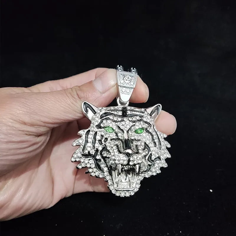 3D Tiger Pendant Crystal Cuban Chain Hip-Hop Iced Out Bling Chain Necklace