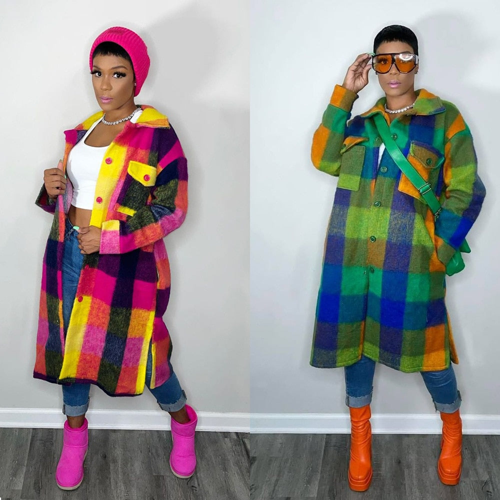 Plaid Colorblock CashmereTurn-Down Collar Long Wool Coat