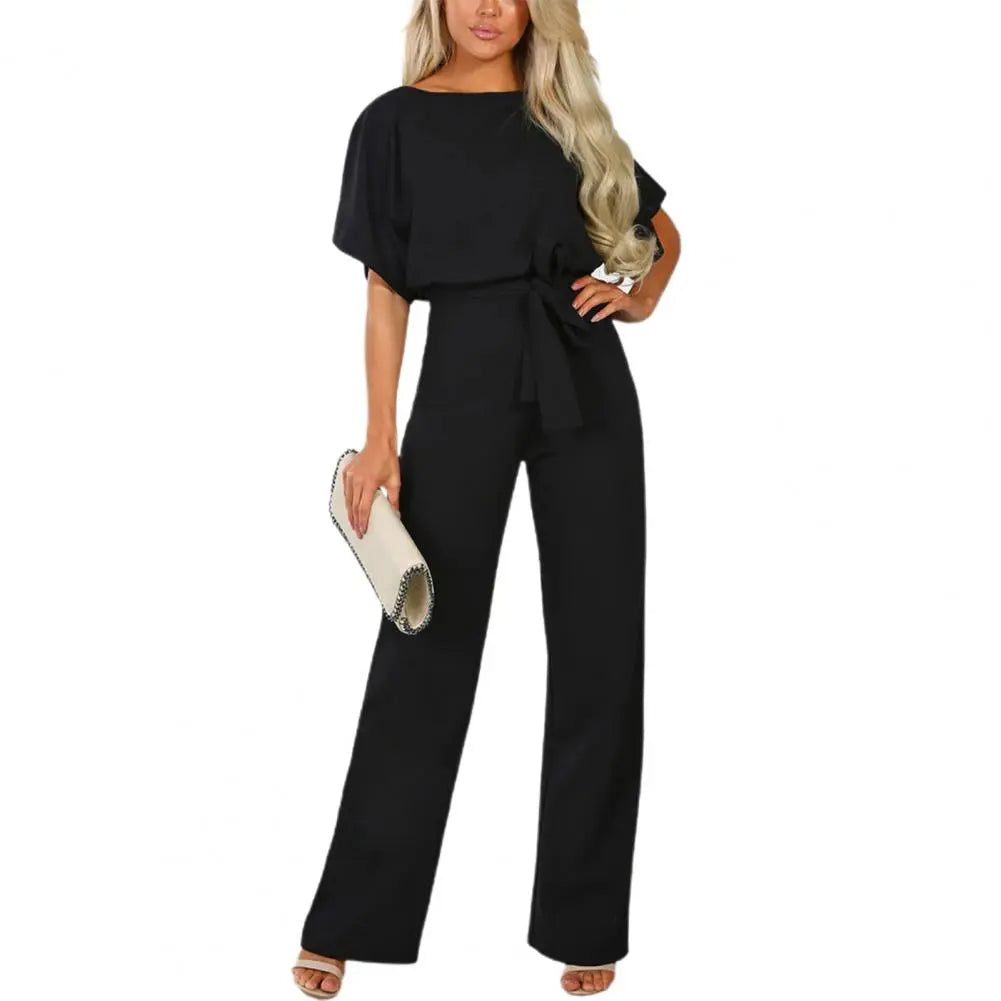 Belted Solid Straight Leg Short Sleeve Round Neck Jumpsuit to 3X