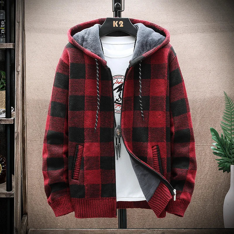 Men's Plaid Wool Zipper Cardigan Hoodie Sweater Jacket