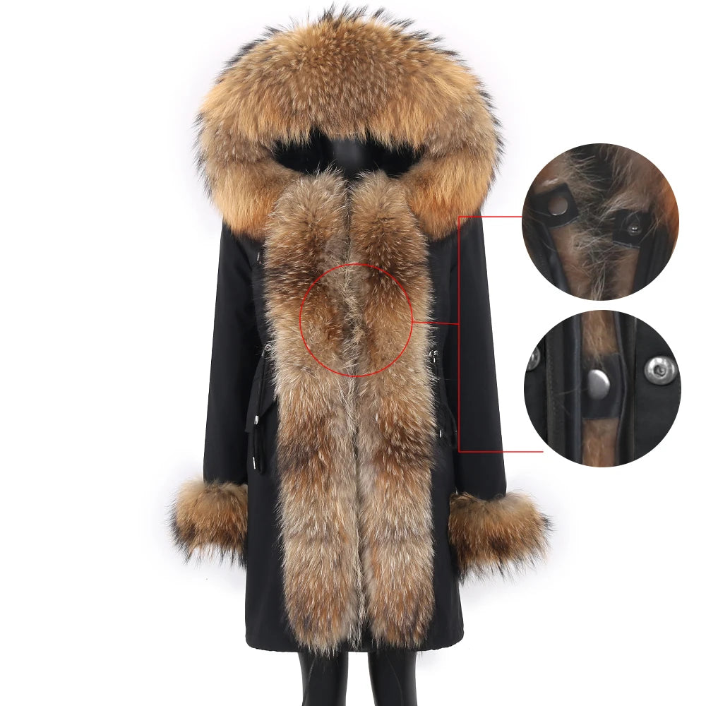 Colorblock Real Fur Oversized Collar Hip-Hop Design Women's Hooded Full Pelt Trenchcoat