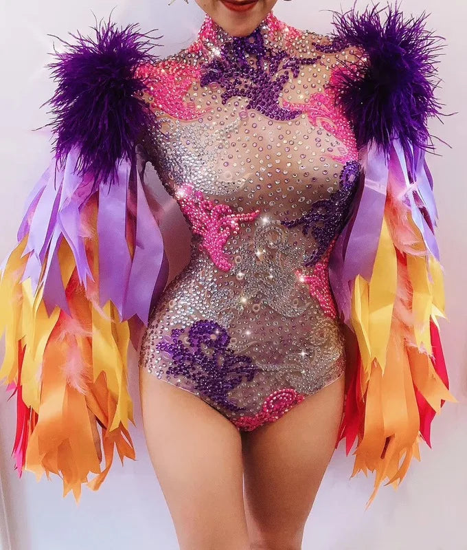 Feather Mardi Gras Colors Performance Bodysuit Costume