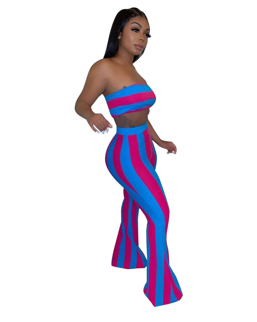Sleeveless Striped Colorblock Tube Top+ Bodycon Flared Leggings Women's 2-Piece Set