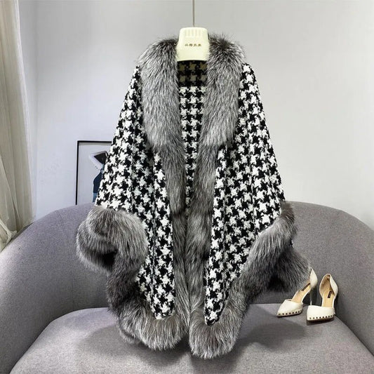 Faux Mink Fur Capes Houndstooth 2-Sided Cloak Cardigan Cape Shawl