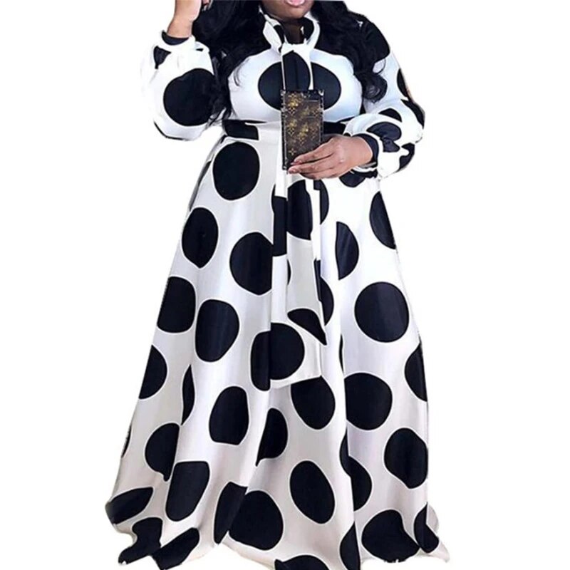 Black/White Polka Dot Bohemian Plus Size Long Sleeve Maxi Dress to 5X