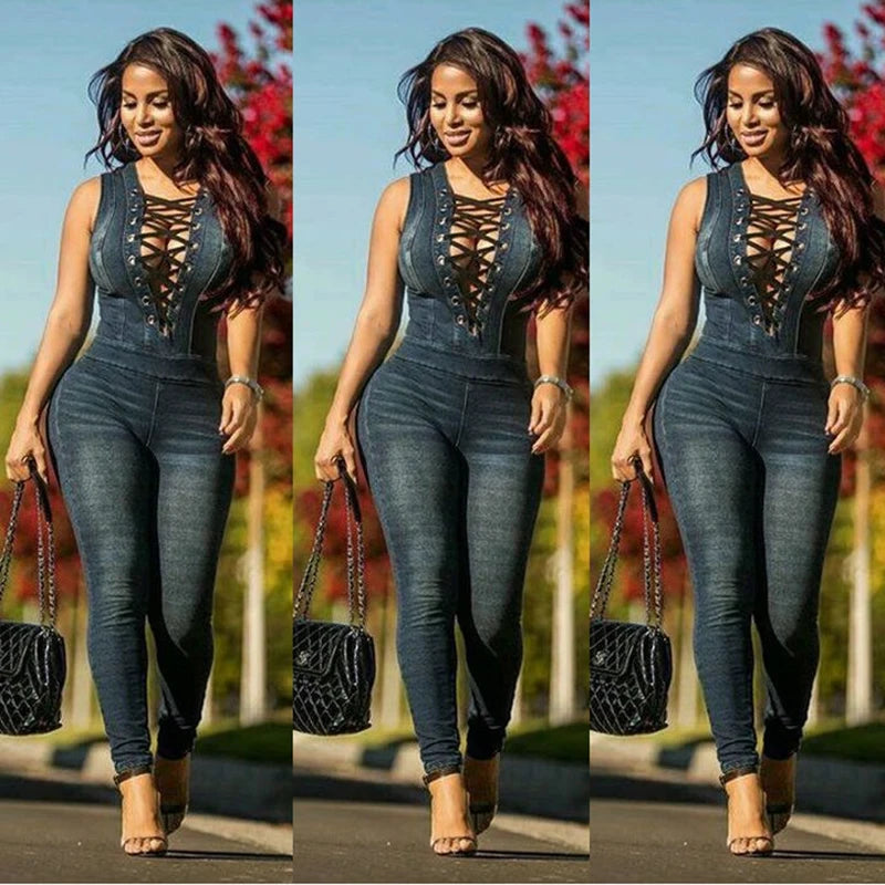 Denim Blue Criss-Cross Pattern Hollow-Out, Lace-Up, V-Neck Sleeveless Jean Jumpsuit