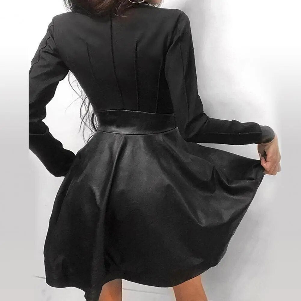 Faux Leather Long Sleeve Zipper Pocket Lace Mini Dress to 5X