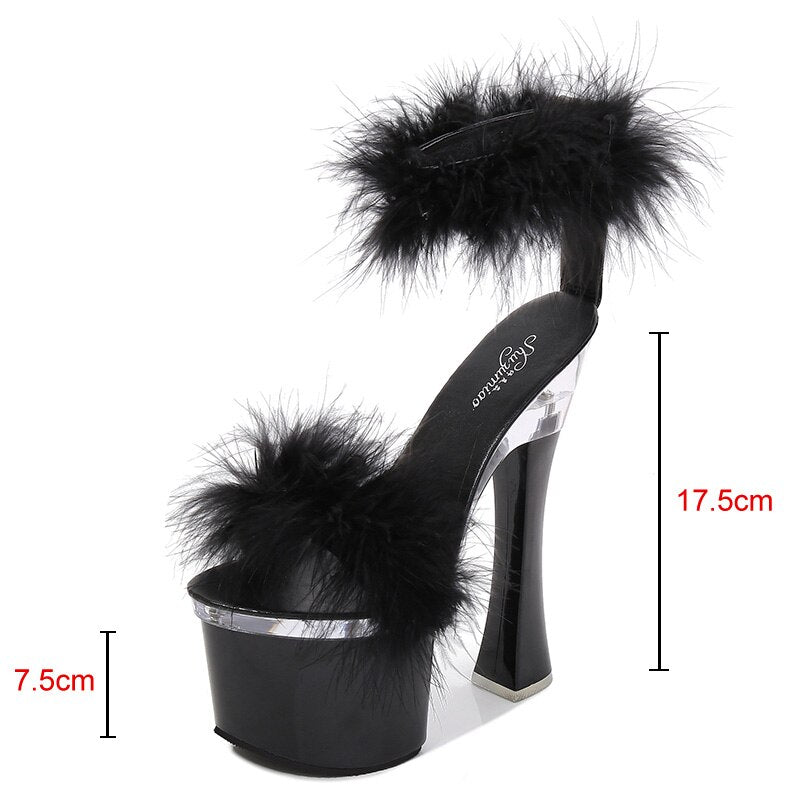 Feather Double Strap Thick Platform Open Toe Sandals