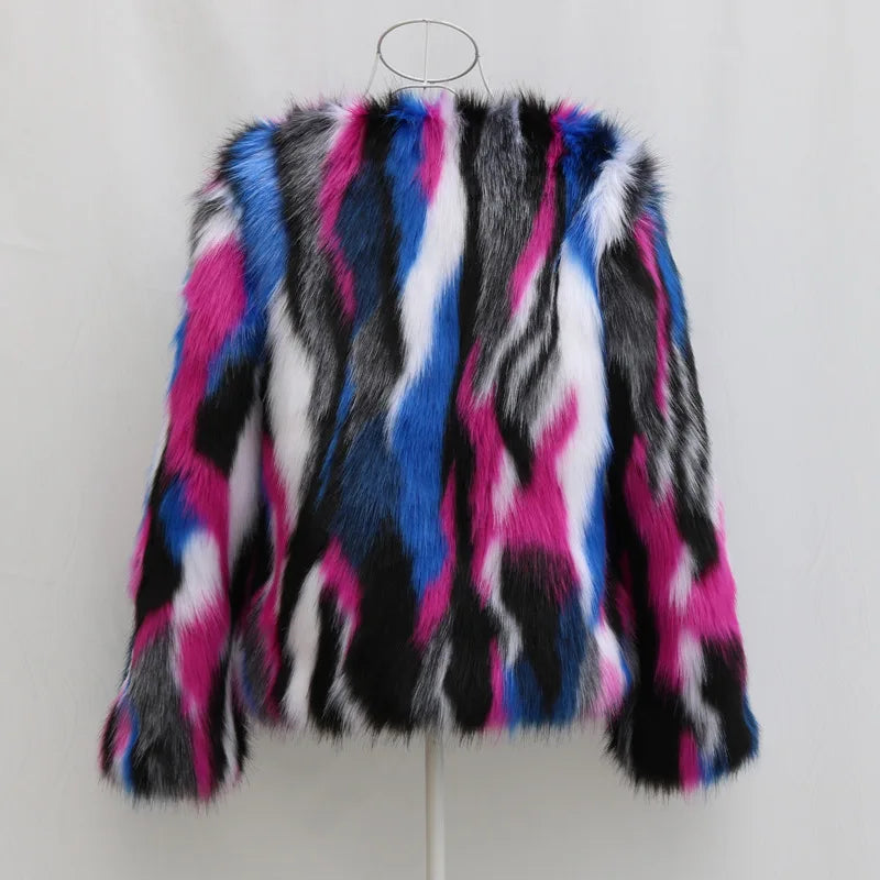 Colorblock Multi-Colored Women's Faux Fur Jacket