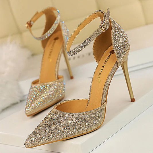 Rhinestone Sparkling Stiletto Heel Ankle Strap Sandal Pumps