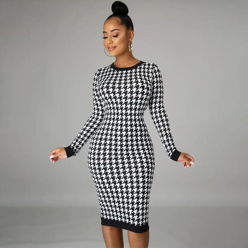Black/White Houndstooth Print Long Sleeve Bodycon Streetwear Midi Dress