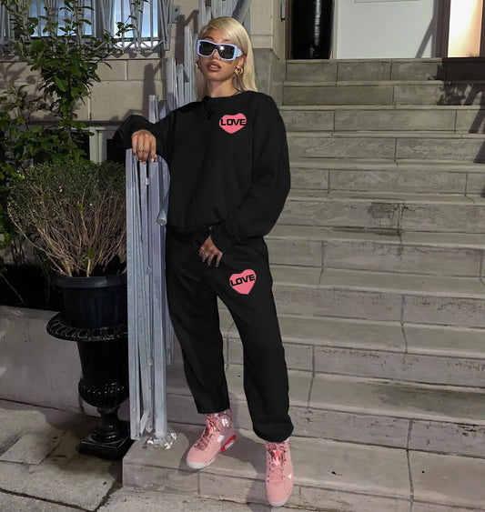 "LOVE" Flaming Heart Printed Sweatshirt + Sweatpants Ladies Tracksuit