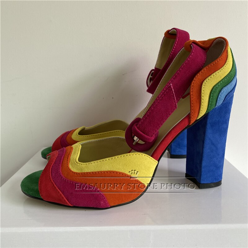 Suede Rainbow Colorblock Striped Peep Toe Shallow Chunky Square Platform Heel/Flat/ Pumps Pride Sandals