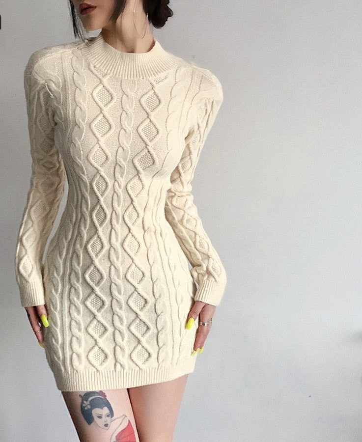 Open Back Knitted Solid Turtleneck Mini Sweater Dress