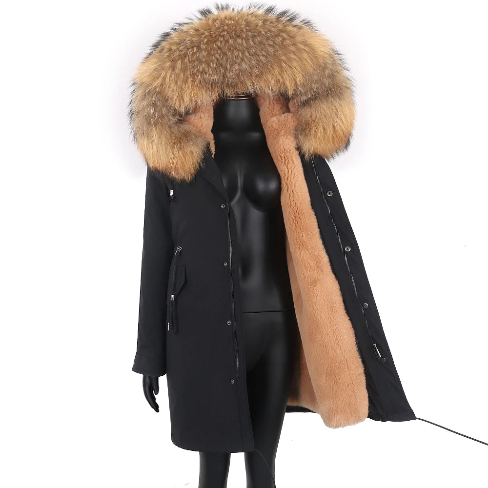 Colorblock Real Fur Oversized Collar Hip-Hop Design Women's Hooded Full Pelt Trenchcoat