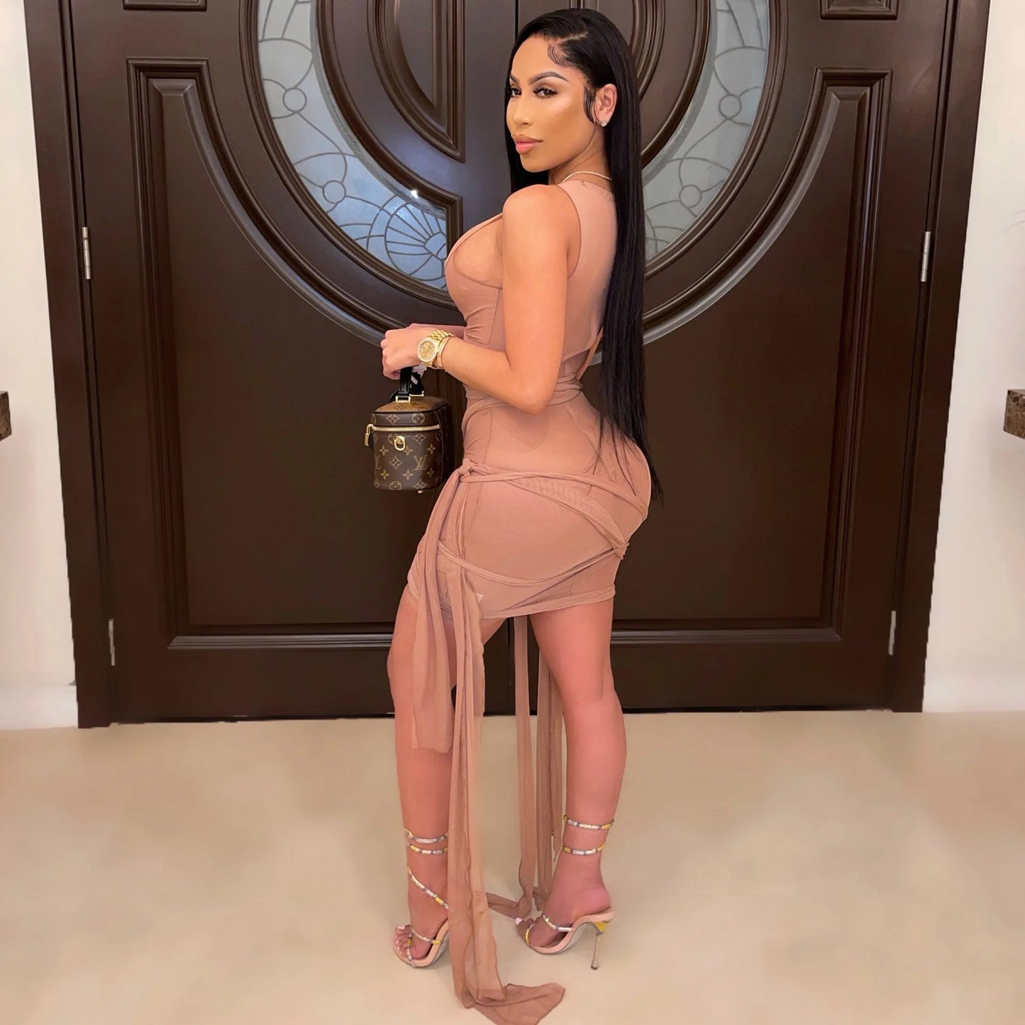 Sleeveless Bandage Criss-Cross Hollow-Out Design Transparent Mesh Mini Club Party/Prom Dress