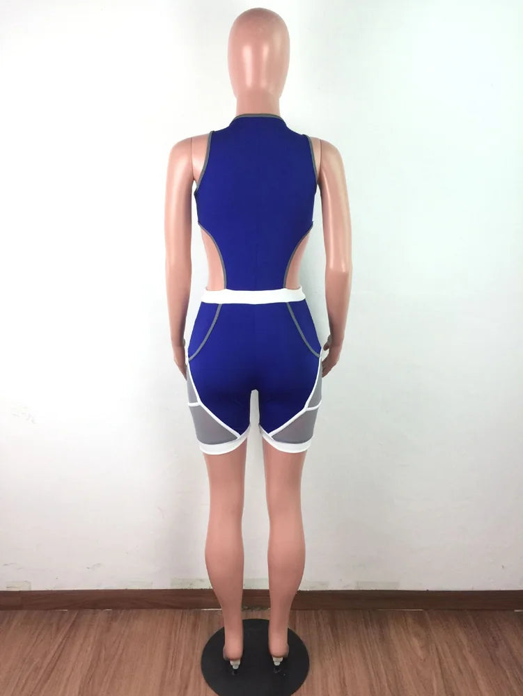 Colorblock Patchwork Sleeveless Bodycon Deep V-Neck Women's Fitness Workout Shorts Romper