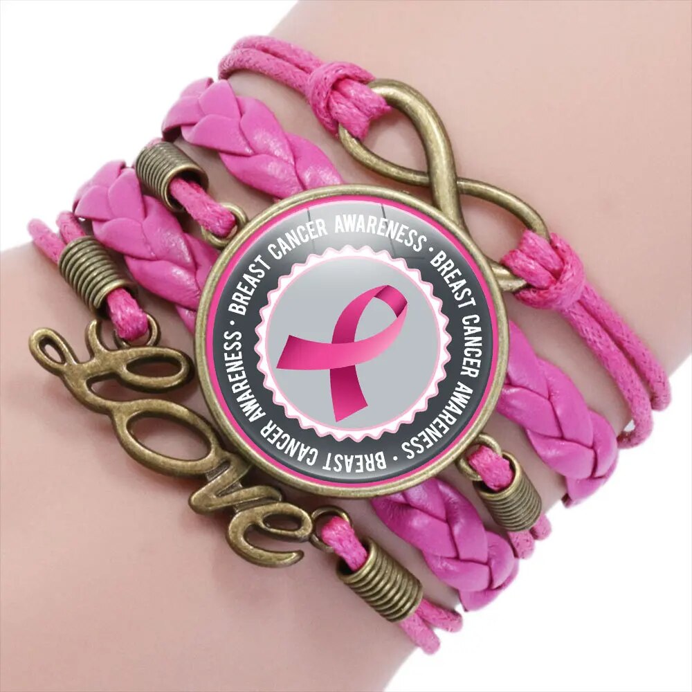 Breast Cancer Awareness Leather Faith Hope Cure Pink Ribbon Cluster Bracelet Bangle