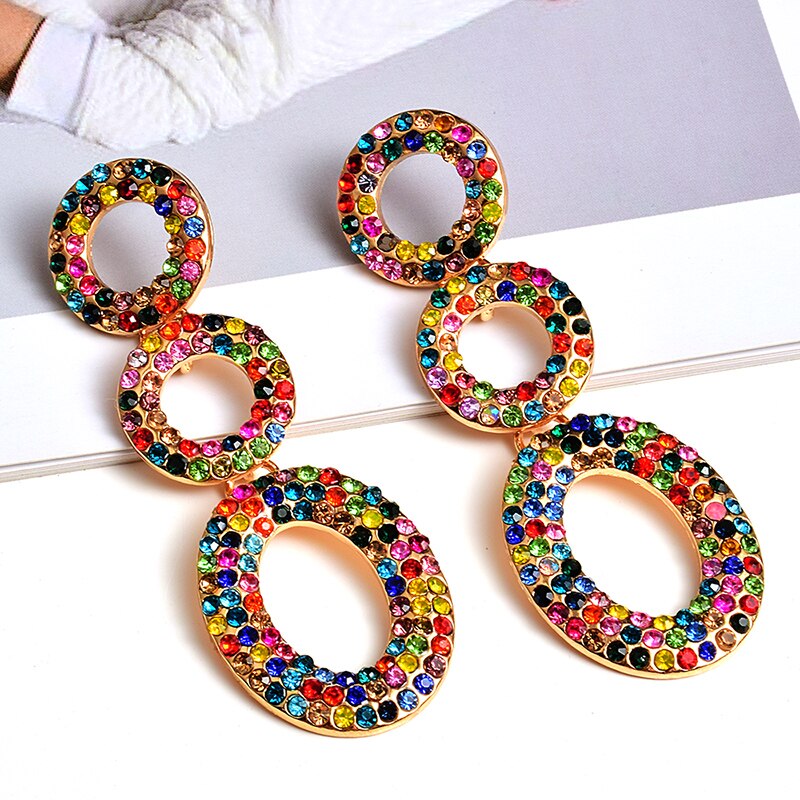 Round Metal Colorful Crystal Long Dangle Drop Earrings