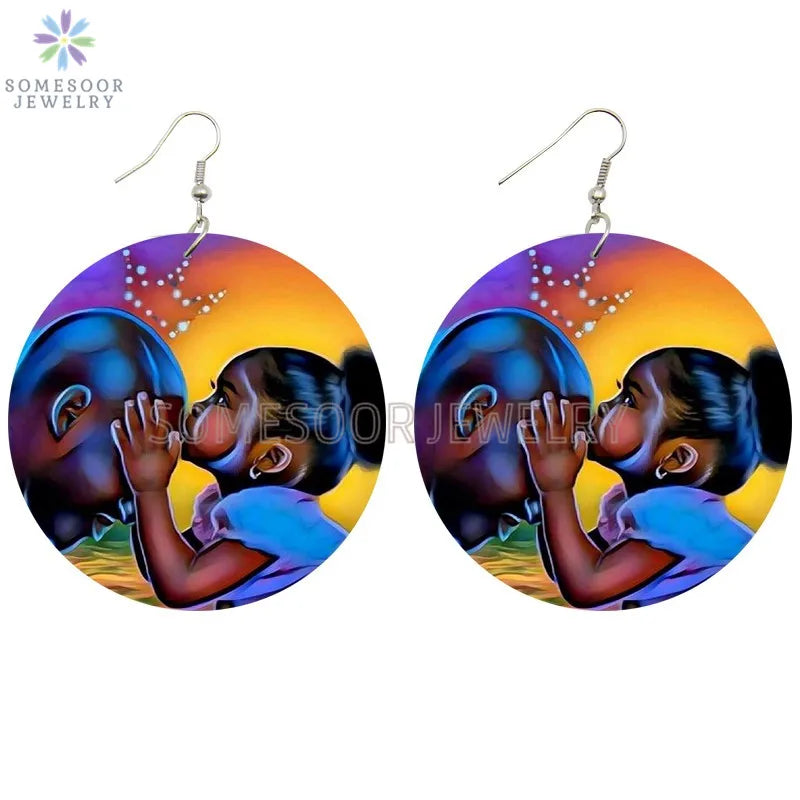 Pink Black Afro Woman Bubble Gum Print Wood Drop Earrings