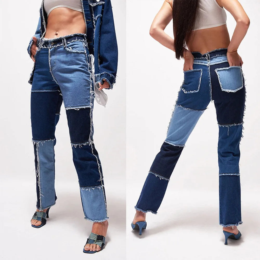 Raw Edge Denim  Colorblock Checker Fringe Hem Design Streetwear Hip-Hop Women's Jeans