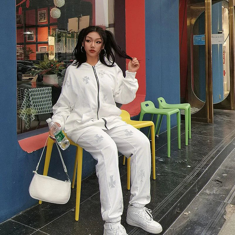 Crystal Rhinestone Cross Embroidered Print Women’s Hoodie Sweatshirt Zipper Jacket + Sweatpants Tracksuit