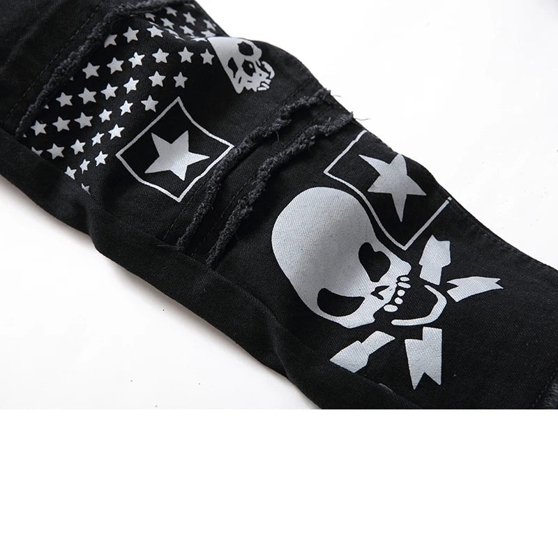 Men's Streetwear Skull Black Denim Biker Designer Ripped Skinny Jeans