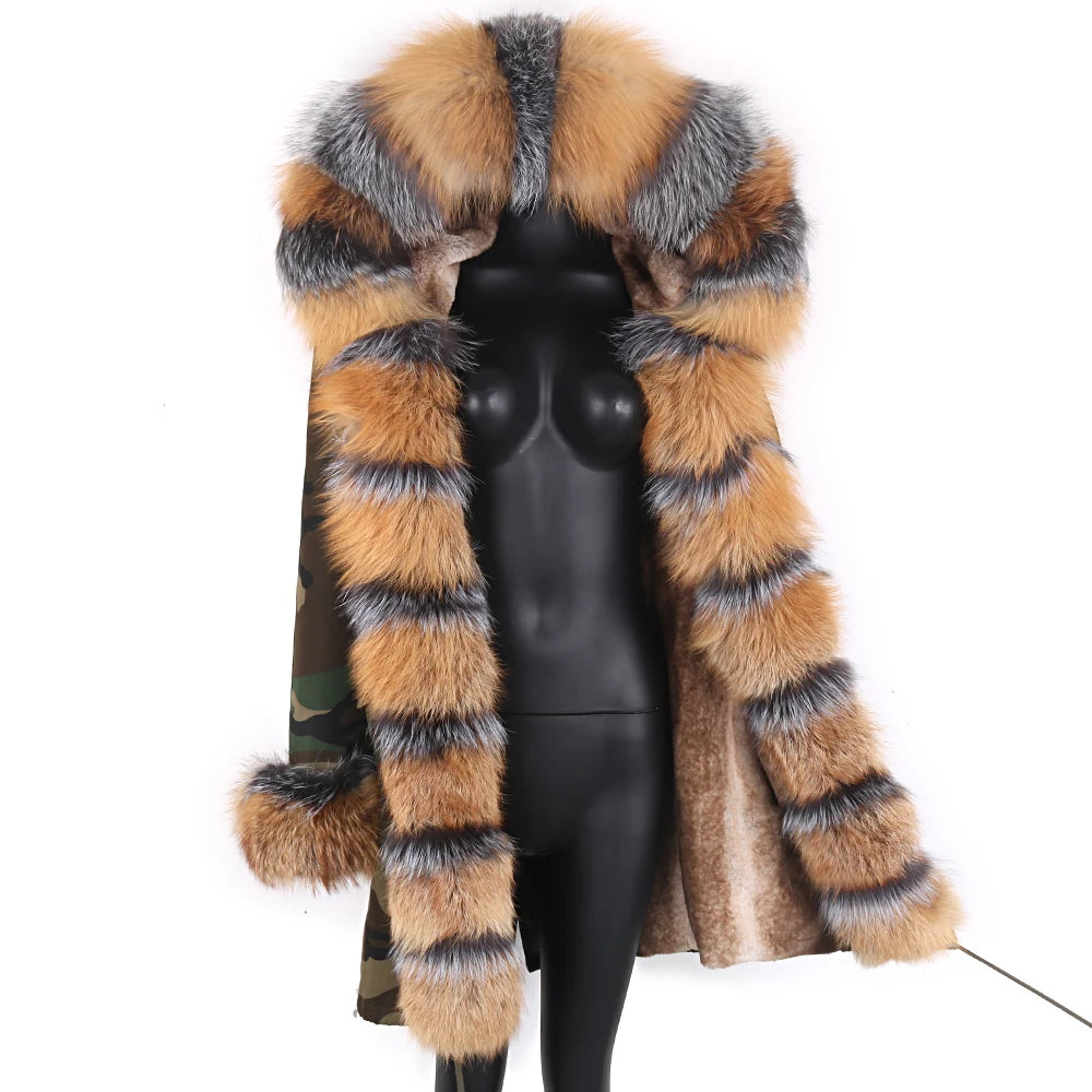 Colorblock Real Fur Oversized Collar Hip-Hop Design Women's Hooded Full Pelt Trenchcoat