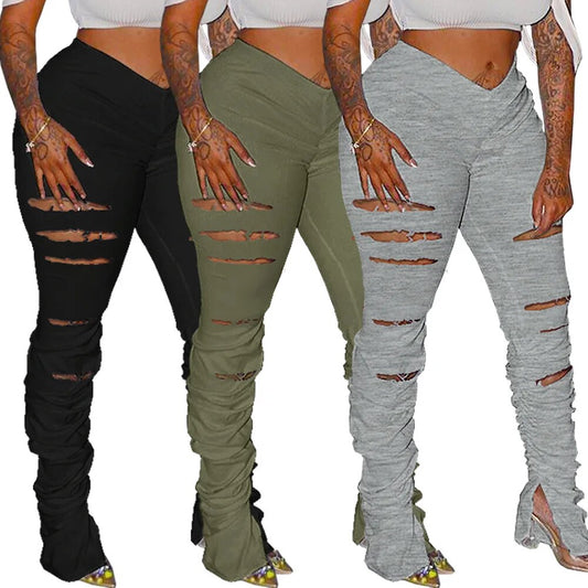 Distressed Pleated Trousers Stacked Ruched Cut-Out Ladies Flare Sweatpants