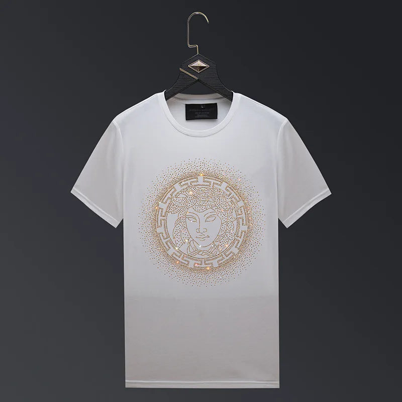 Men's Gold Rhinestone Embroidered Short Sleeve Streetwear Cotton O-Neck T-Shirt
